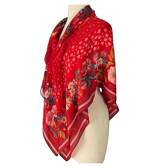 LOFT Red Floral Scarf 48”x48” Square Lightweight - Picture 2 of 5